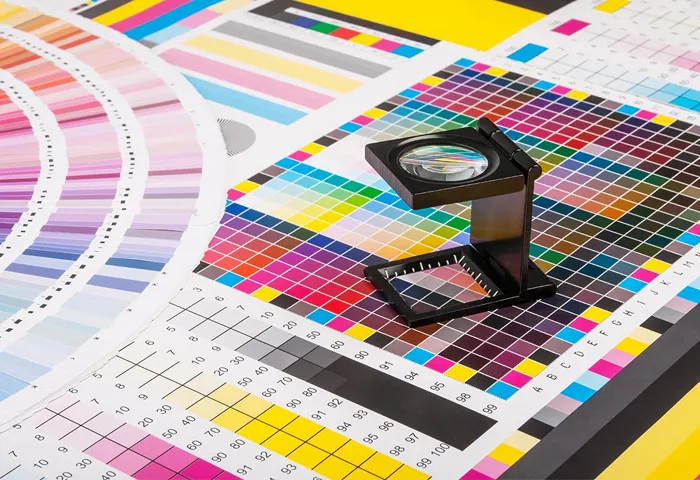 Technician checking print color accuracy with a spectrophotometer